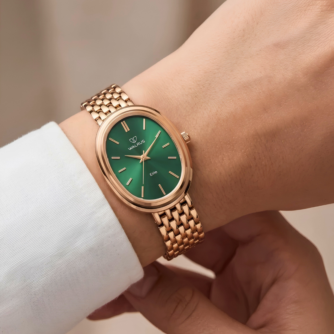 Walrus Small Size Premium Oval Green Dial Golden Bracelet Strap Analog Watch - For Women