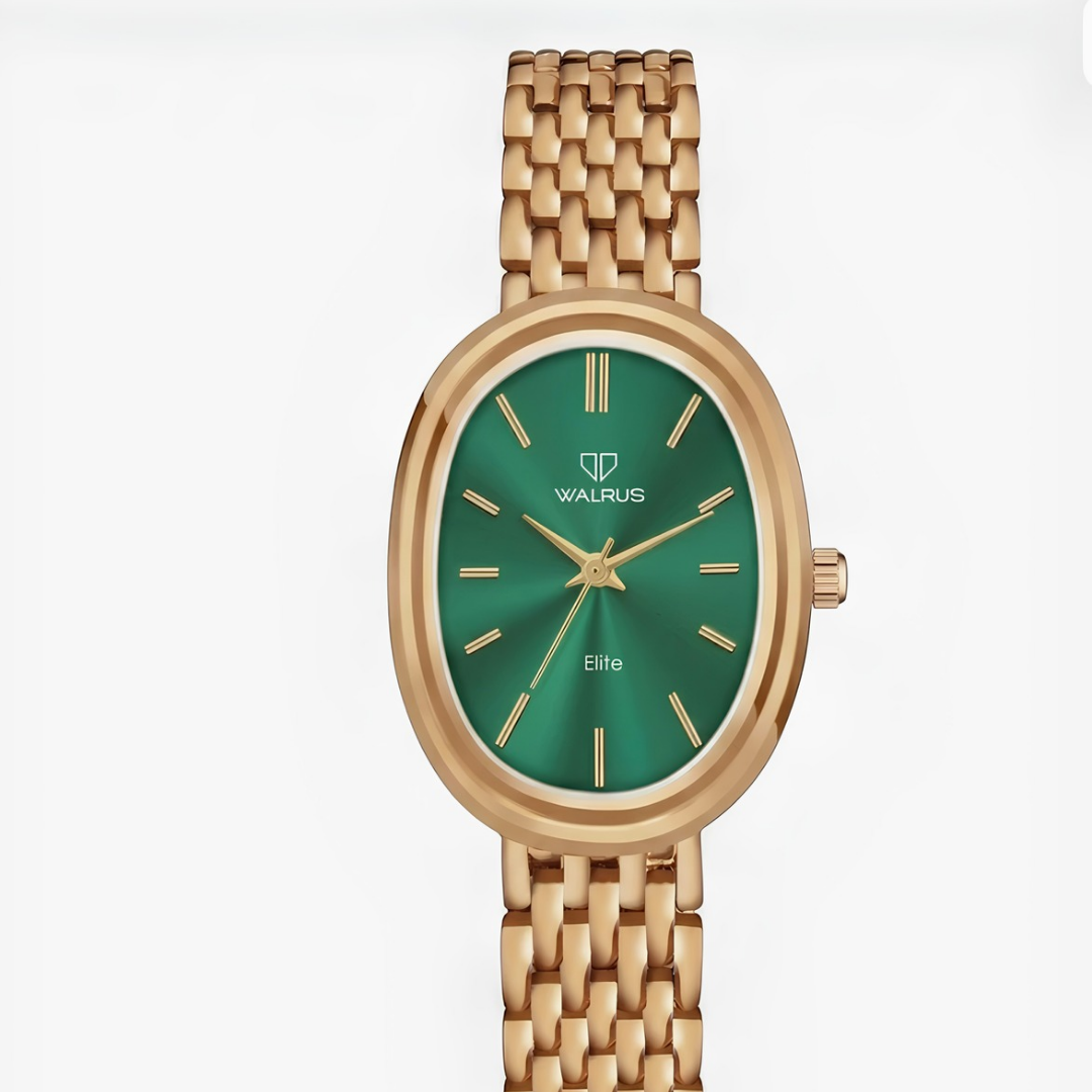 Walrus Small Size Premium Oval Green Dial Golden Bracelet Strap Analog Watch - For Women - Image 2