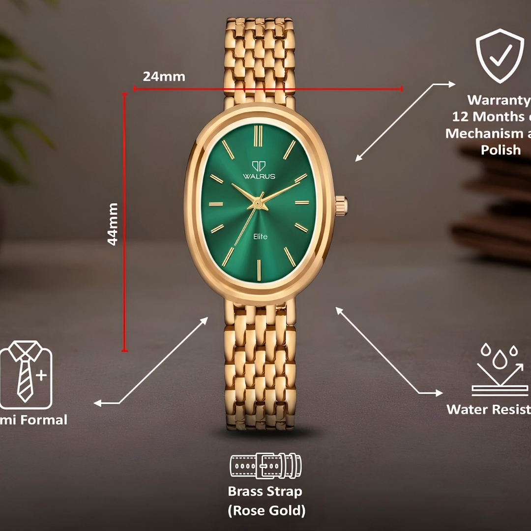 Walrus Small Size Premium Oval Green Dial Golden Bracelet Strap Analog Watch - For Women - Image 6