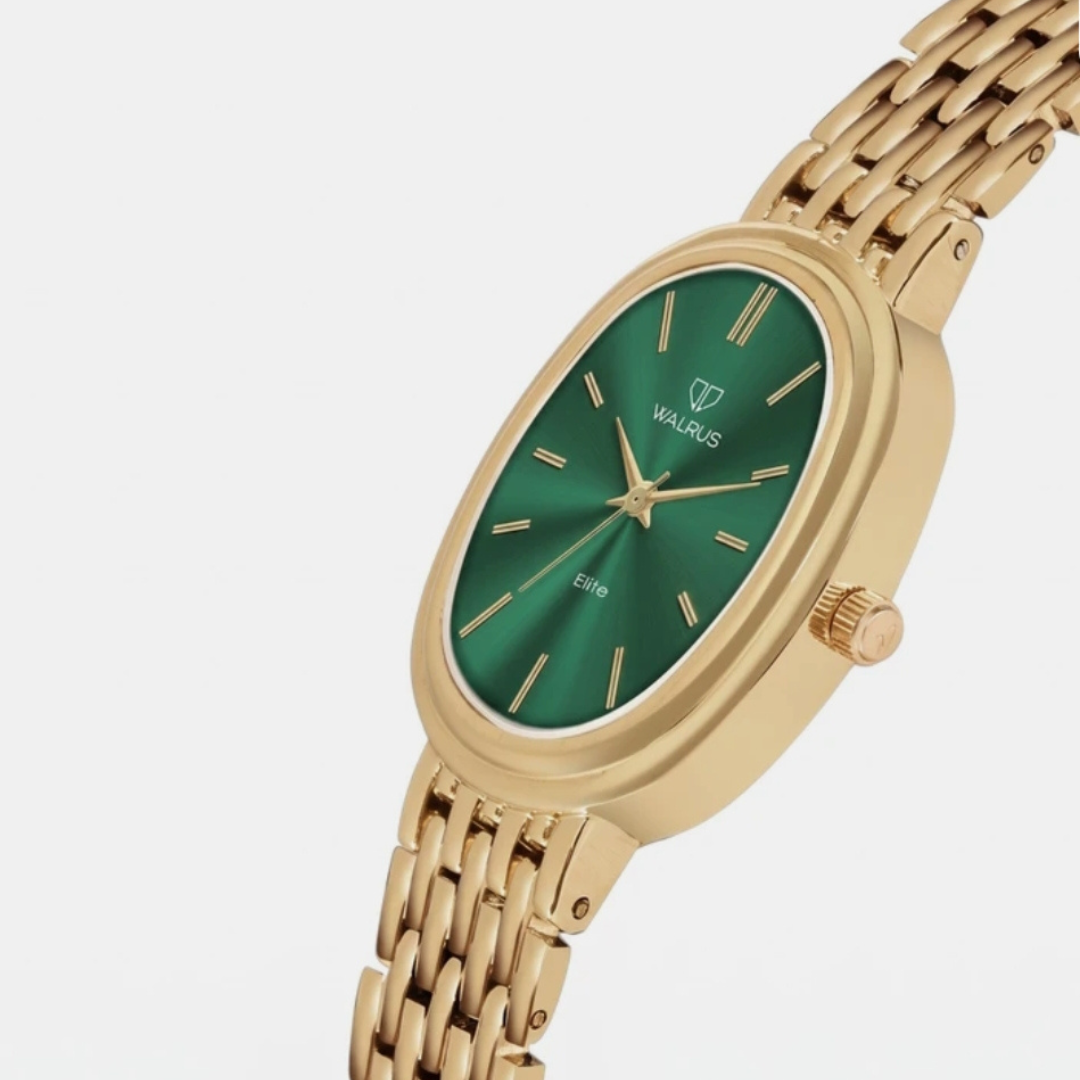 Walrus Small Size Premium Oval Green Dial Golden Bracelet Strap Analog Watch - For Women - Image 4